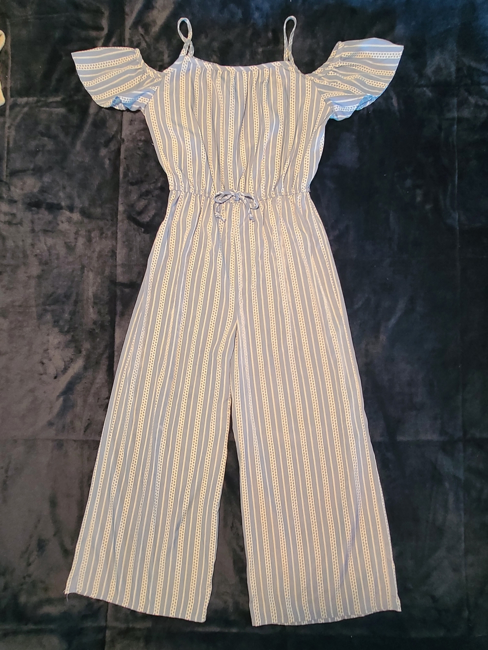 Girl's Size 8 Yr Old Striped Blue Cold-Shoulder Jumpsuit